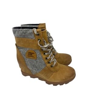 Sorel Lexie‎ Wedge 10.5 Felt Camel Brown Leather Lace Up Boot Waterproof